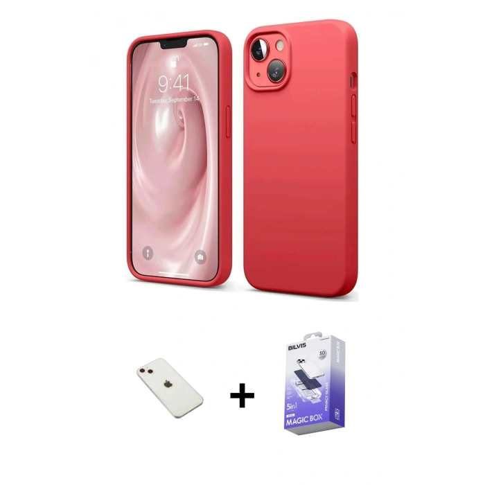 MARSİLYAN™- iPhone 14 Kılıf Kozmos Yansıma Özel Seri - Siyah Bilvis 5in1 5D Magic Hayalet Cam Ekran Koruyucu + Diamond Kamera Lens - PE