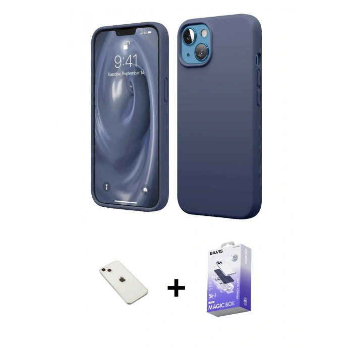 MARSİLYAN™- iPhone 14 Kılıf Kozmos Yansıma Özel Seri - Siyah Bilvis 5in1 5D Magic Hayalet Cam Ekran Koruyucu + Diamond Kamera Lens - PE
