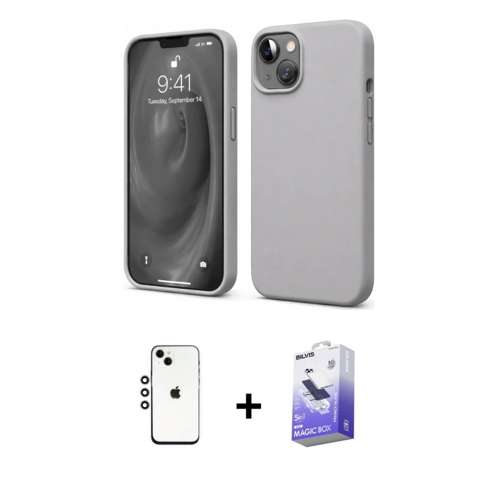 MARSİLYAN™- iPhone 14 Kılıf Kozmos Yansıma Özel Seri - Siyah Bilvis 5in1 5D Magic Hayalet Cam Ekran Koruyucu + Shine Kamera Lens - GS
