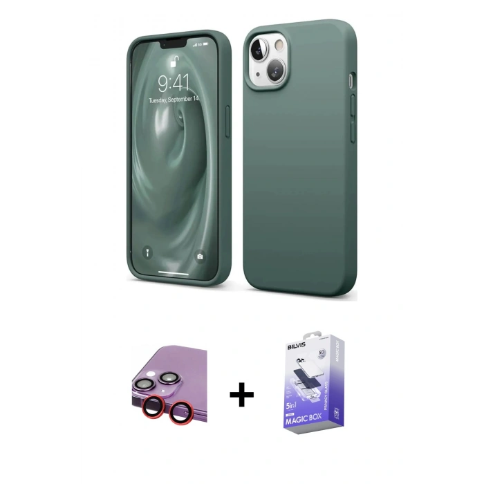 MARSİLYAN™- iPhone 14 Kılıf Kozmos Yansıma Özel Seri - Siyah Bilvis 5in1 5D Magic Hayalet Cam Ekran Koruyucu + Raze Metal Kamera Lens - KI