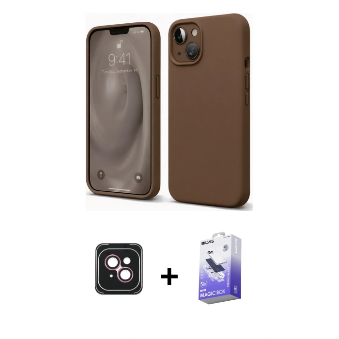 MARSİLYAN™- iPhone 14 Kılıf Kozmos Yansıma Özel Seri - Siyah Bilvis 5in1 5D Magic Hayalet Cam Ekran Koruyucu + PVD Metal Kamera Lens - PE