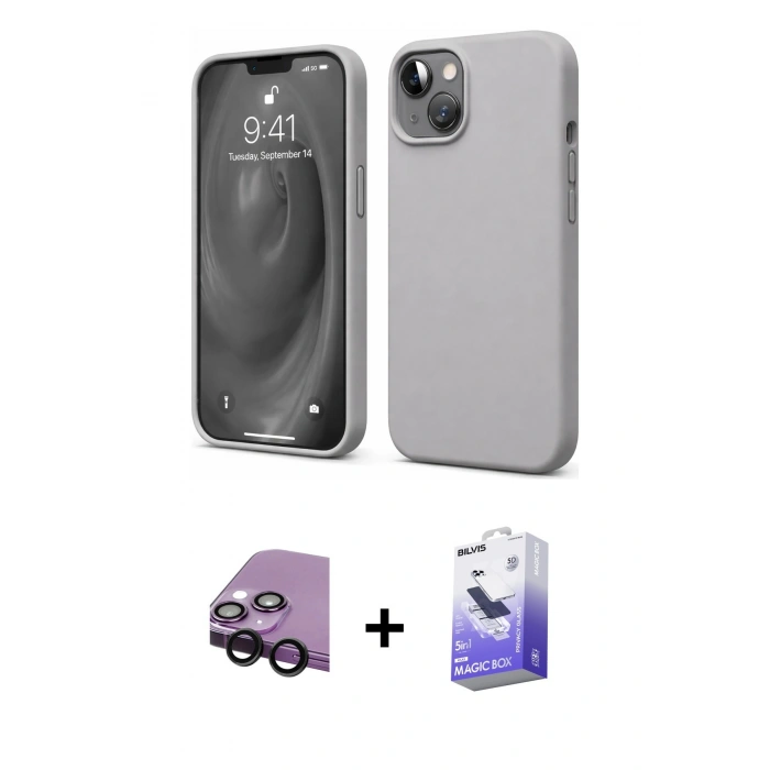 MARSİLYAN™- iPhone 14 Kılıf Kozmos Yansıma Özel Seri - Siyah Bilvis 5in1 5D Magic Hayalet Cam Ekran Koruyucu + Raze Metal Kamera Lens - SH