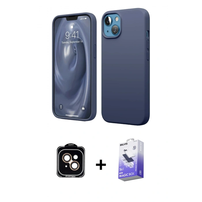 MARSİLYAN™- iPhone 14 Kılıf Kozmos Yansıma Özel Seri - Siyah Bilvis 5in1 5D Magic Hayalet Cam Ekran Koruyucu + PVD Metal Kamera Lens - TU