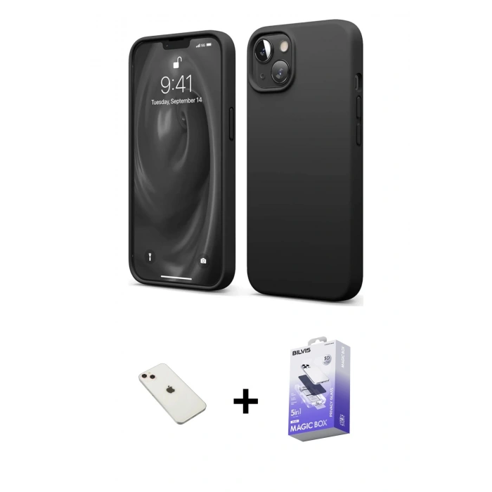 MARSİLYAN™- iPhone 14 Kılıf Kozmos Yansıma Özel Seri - Siyah Bilvis 5in1 5D Magic Hayalet Cam Ekran Koruyucu + Diamond Kamera Lens - PE