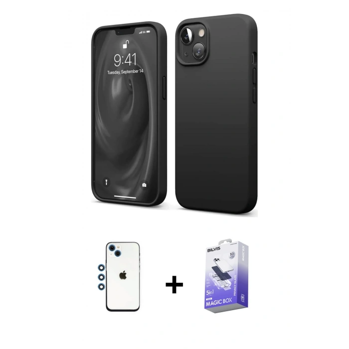 MARSİLYAN™- iPhone 14 Kılıf Kozmos Yansıma Özel Seri - Siyah Bilvis 5in1 5D Magic Hayalet Cam Ekran Koruyucu + Shine Kamera Lens - MI