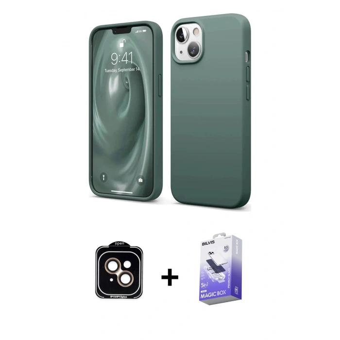 MARSİLYAN™- iPhone 14 Kılıf Kozmos Yansıma Özel Seri - Siyah Bilvis 5in1 5D Magic Hayalet Cam Ekran Koruyucu + PVD Metal Kamera Lens - TU