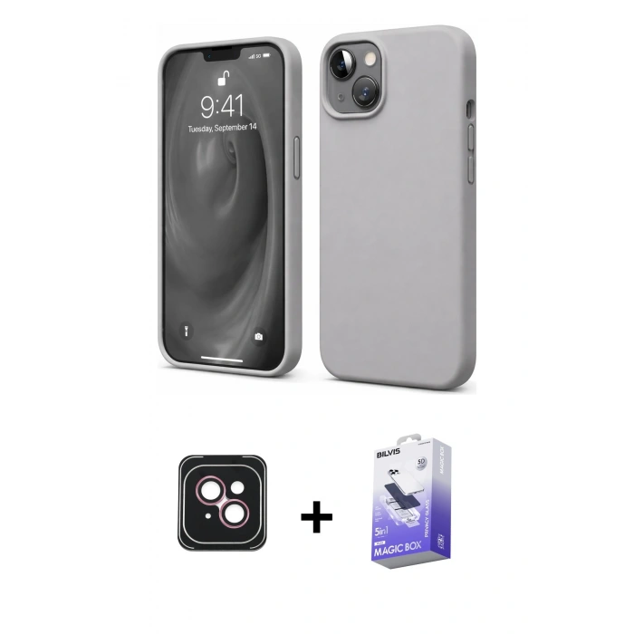 MARSİLYAN™- iPhone 14 Kılıf Kozmos Yansıma Özel Seri - Siyah Bilvis 5in1 5D Magic Hayalet Cam Ekran Koruyucu + PVD Metal Kamera Lens - PE