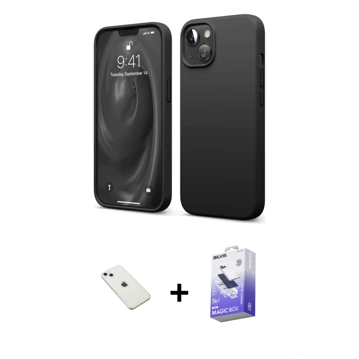 MARSİLYAN™- iPhone 14 Kılıf Kozmos Yansıma Özel Seri - Siyah Bilvis 5in1 5D Magic Hayalet Cam Ekran Koruyucu + Diamond Kamera Lens - SABE
