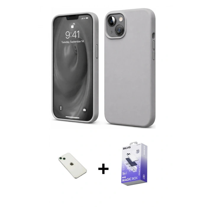 MARSİLYAN™- iPhone 14 Kılıf Kozmos Yansıma Özel Seri - Siyah Bilvis 5in1 5D Magic Hayalet Cam Ekran Koruyucu + Diamond Kamera Lens - YL