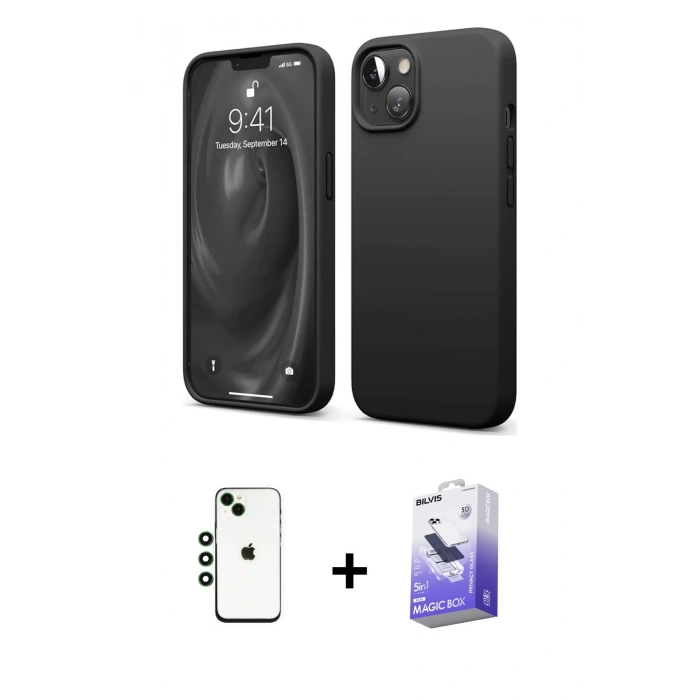 MARSİLYAN™- iPhone 14 Kılıf Kozmos Yansıma Özel Seri - Siyah Bilvis 5in1 5D Magic Hayalet Cam Ekran Koruyucu + Shine Kamera Lens - YL
