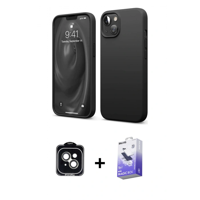 MARSİLYAN™- iPhone 14 Kılıf Kozmos Yansıma Özel Seri - Siyah Bilvis 5in1 5D Magic Hayalet Cam Ekran Koruyucu + PVD Metal Kamera Lens - YL