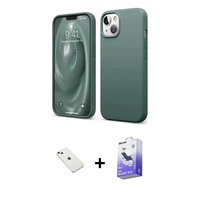 MARSİLYAN™- iPhone 14 Kılıf Kozmos Yansıma Özel Seri - Siyah Bilvis 5in1 5D Magic Hayalet Cam Ekran Koruyucu + Diamond Kamera Lens - PE