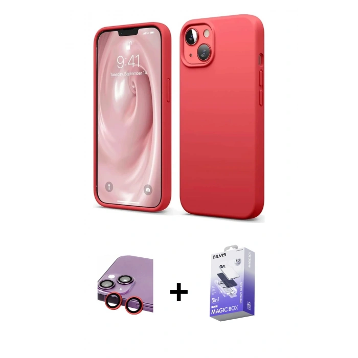 MARSİLYAN™- iPhone 14 Kılıf Kozmos Yansıma Özel Seri - Siyah Bilvis 5in1 5D Magic Hayalet Cam Ekran Koruyucu + Raze Metal Kamera Lens - KI