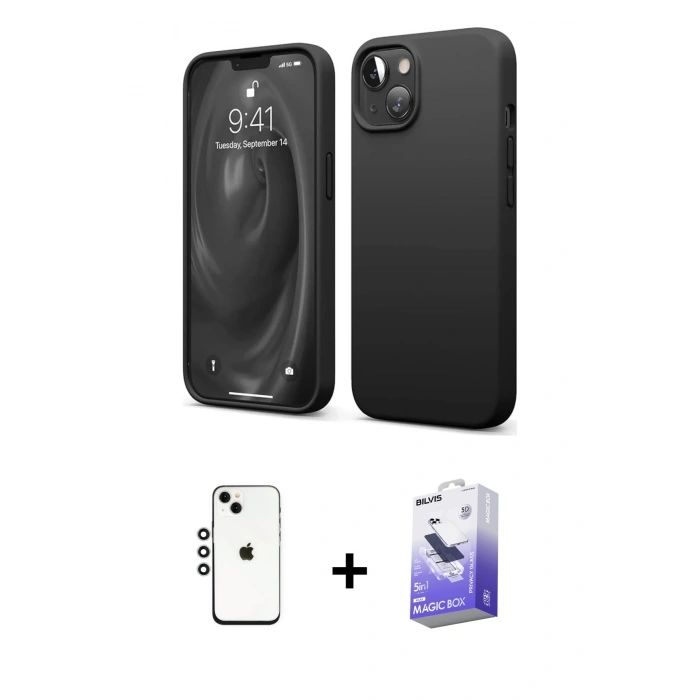 MARSİLYAN™- iPhone 14 Kılıf Kozmos Yansıma Özel Seri - Siyah Bilvis 5in1 5D Magic Hayalet Cam Ekran Koruyucu + Shine Kamera Lens - GS