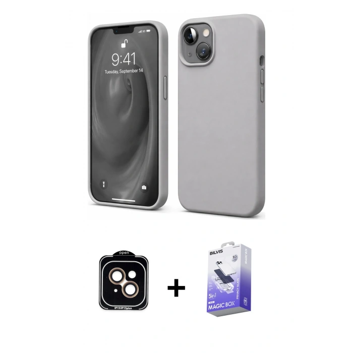 MARSİLYAN™- iPhone 14 Kılıf Kozmos Yansıma Özel Seri - Siyah Bilvis 5in1 5D Magic Hayalet Cam Ekran Koruyucu + PVD Metal Kamera Lens - TU
