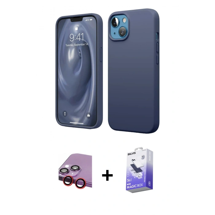 MARSİLYAN™- iPhone 14 Kılıf Kozmos Yansıma Özel Seri - Siyah Bilvis 5in1 5D Magic Hayalet Cam Ekran Koruyucu + Raze Metal Kamera Lens - KI