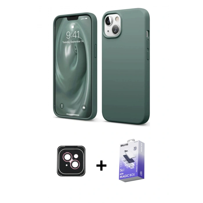 MARSİLYAN™- iPhone 14 Kılıf Kozmos Yansıma Özel Seri - Siyah Bilvis 5in1 5D Magic Hayalet Cam Ekran Koruyucu + PVD Metal Kamera Lens - PE