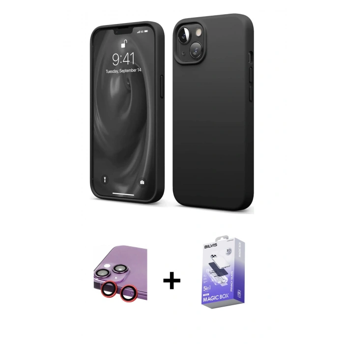 MARSİLYAN™- iPhone 14 Kılıf Kozmos Yansıma Özel Seri - Siyah Bilvis 5in1 5D Magic Hayalet Cam Ekran Koruyucu + Raze Metal Kamera Lens - KI