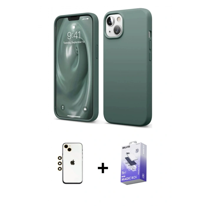 MARSİLYAN™- iPhone 14 Kılıf Kozmos Yansıma Özel Seri - Siyah Bilvis 5in1 5D Magic Hayalet Cam Ekran Koruyucu + Shine Kamera Lens - GD