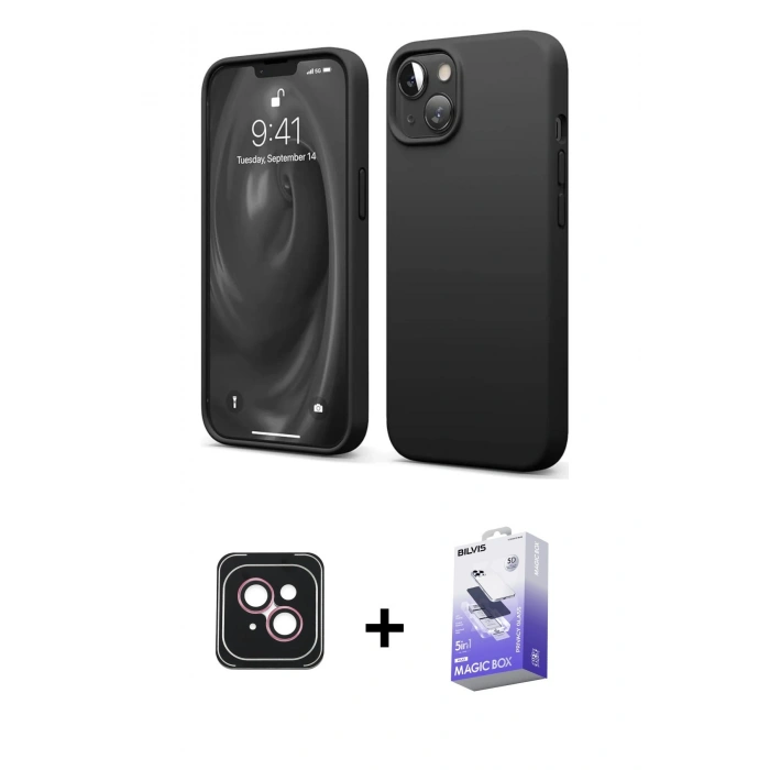 MARSİLYAN™- iPhone 14 Kılıf Kozmos Yansıma Özel Seri - Siyah Bilvis 5in1 5D Magic Hayalet Cam Ekran Koruyucu + PVD Metal Kamera Lens - PE