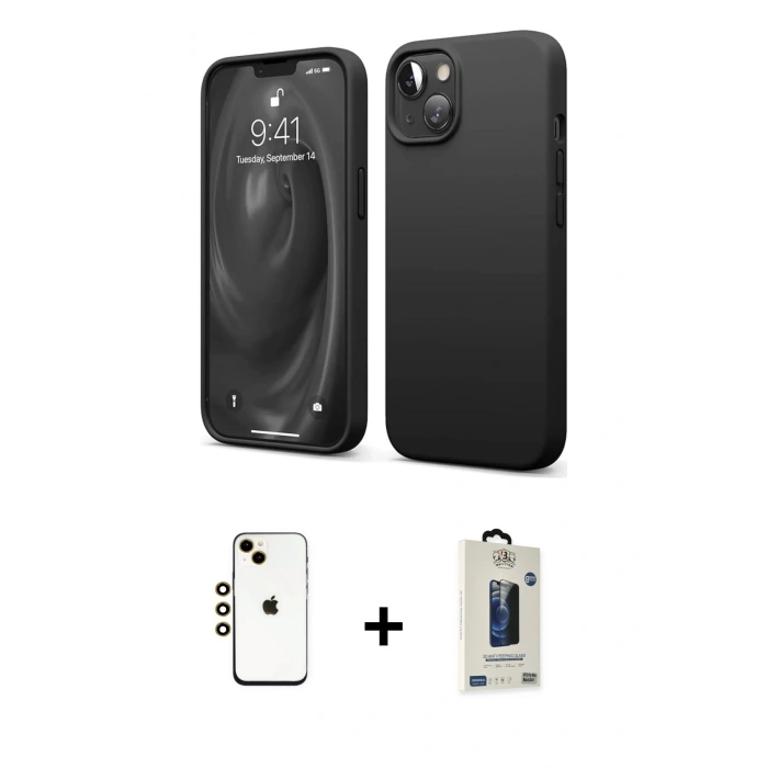 MARSİLYAN™- iPhone 14 Kılıf Kozmos Yansıma Özel Seri - Siyah Bilvis Hayalet Cam Ekran Koruyucu + Shine Kamera Lens - GD