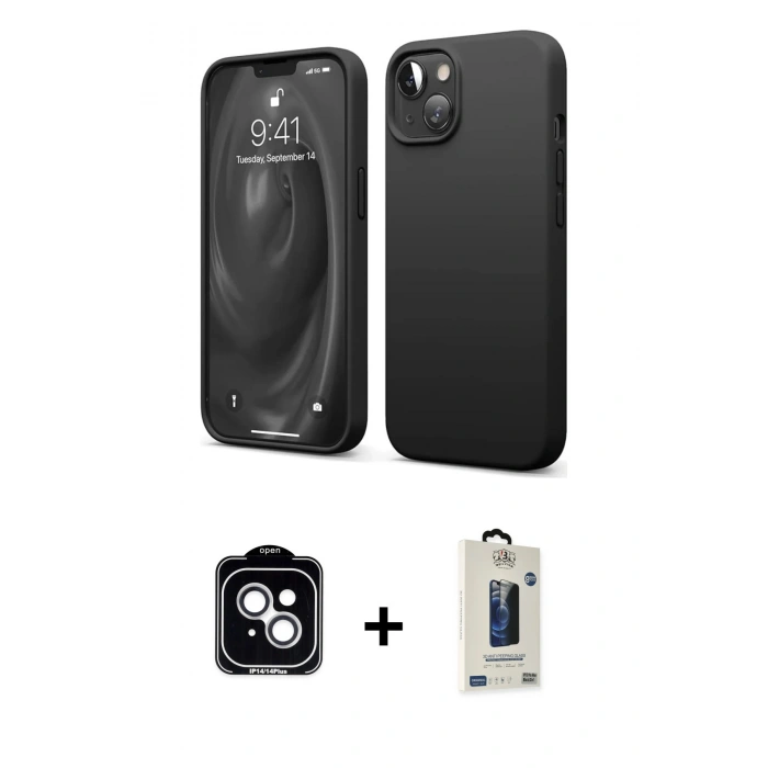 MARSİLYAN™- iPhone 14 Kılıf Kozmos Yansıma Özel Seri - Siyah Bilvis Hayalet Cam Ekran Koruyucu + PVD Metal Kamera Lens - GS