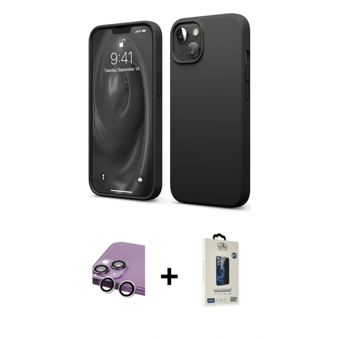 MARSİLYAN™- iPhone 14 Kılıf Kozmos Yansıma Özel Seri - Siyah Bilvis Hayalet Cam Ekran Koruyucu + Raze Metal Kamera Lens - GS