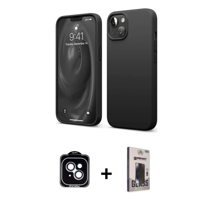 MARSİLYAN™- iPhone 14 Kılıf Kozmos Yansıma Özel Seri - Siyah Bilvis Hayalet Cam Ekran Koruyucu + PVD Metal Kamera Lens - MI