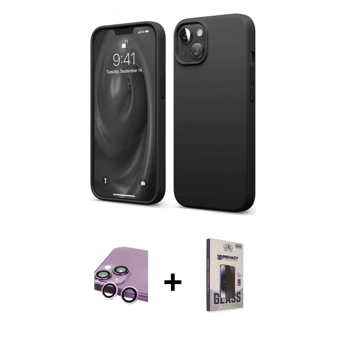 MARSİLYAN™- iPhone 14 Kılıf Kozmos Yansıma Özel Seri - Siyah Bilvis Hayalet Cam Ekran Koruyucu + Raze Metal Kamera Lens - MR