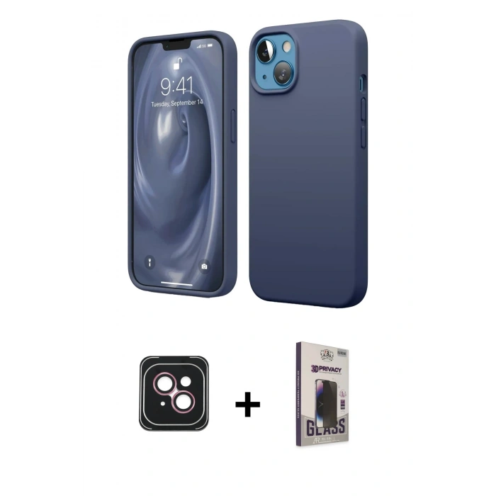 MARSİLYAN™- iPhone 14 Kılıf Kozmos Yansıma Özel Seri - Siyah Bilvis Hayalet Cam Ekran Koruyucu + PVD Metal Kamera Lens - PE