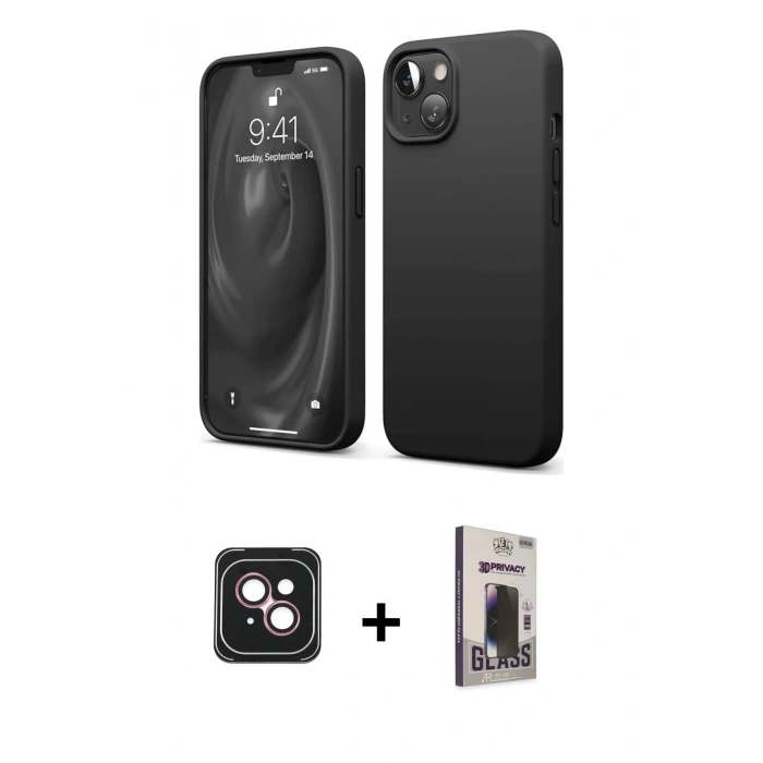 MARSİLYAN™- iPhone 14 Kılıf Kozmos Yansıma Özel Seri - Siyah Bilvis Hayalet Cam Ekran Koruyucu + PVD Metal Kamera Lens - PE