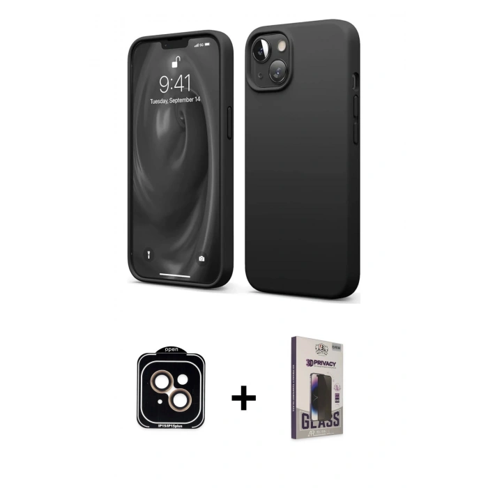 MARSİLYAN™- iPhone 14 Kılıf Kozmos Yansıma Özel Seri - Siyah Bilvis Hayalet Cam Ekran Koruyucu + PVD Metal Kamera Lens - TU