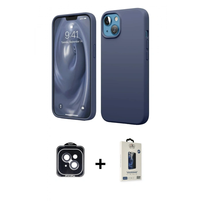 MARSİLYAN™- iPhone 14 Kılıf Kozmos Yansıma Özel Seri - Siyah Bilvis Hayalet Cam Ekran Koruyucu + PVD Metal Kamera Lens - SH