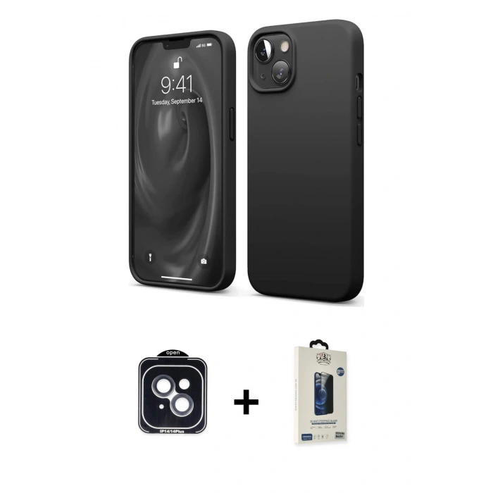 MARSİLYAN™- iPhone 14 Kılıf Kozmos Yansıma Özel Seri - Siyah Bilvis Hayalet Cam Ekran Koruyucu + PVD Metal Kamera Lens - SH