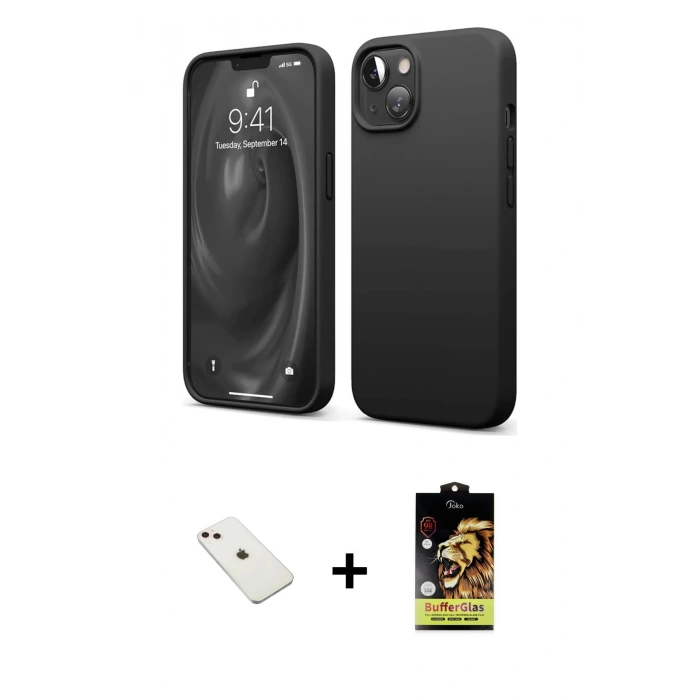 MARSİLYAN™- iPhone 14 Kılıf Kozmos Yansıma Özel Seri - Siyah Buffer Cam Ekran Koruyucu + Diamond Kamera Lens - PE