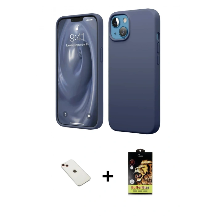 MARSİLYAN™- iPhone 14 Kılıf Kozmos Yansıma Özel Seri - Siyah Buffer Cam Ekran Koruyucu + Kırmızı Diamond Kamera Lens