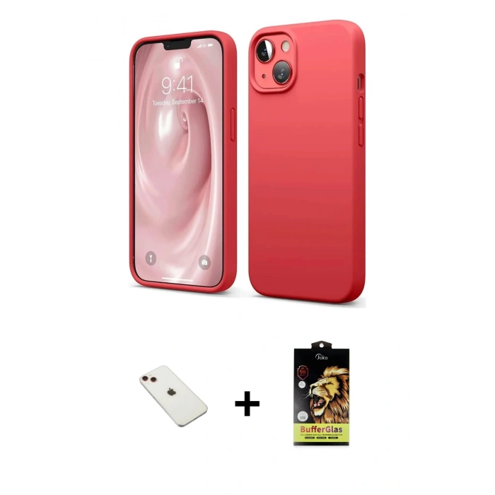 MARSİLYAN™- iPhone 14 Kılıf Kozmos Yansıma Özel Seri - Siyah Buffer Cam Ekran Koruyucu + Kırmızı Diamond Kamera Lens