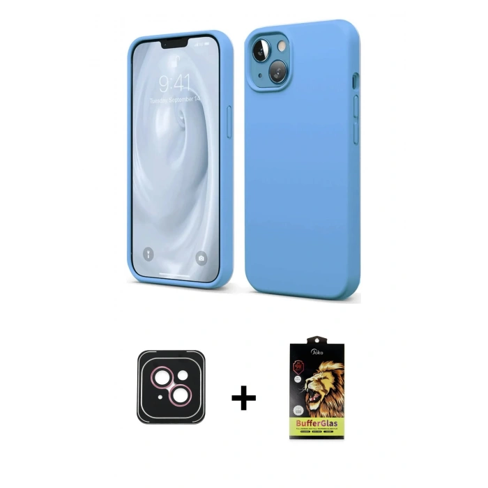 MARSİLYAN™- iPhone 14 Kılıf Kozmos Yansıma Özel Seri - Siyah Buffer Cam Ekran Koruyucu + Pembe PVD Metal Kamera Lens