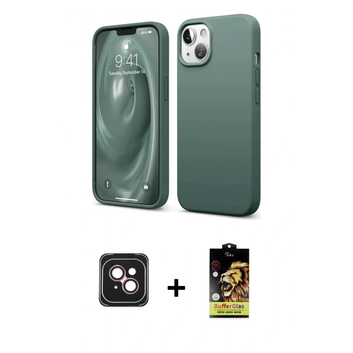 MARSİLYAN™- iPhone 14 Kılıf Kozmos Yansıma Özel Seri - Siyah Buffer Cam Ekran Koruyucu + Pembe PVD Metal Kamera Lens