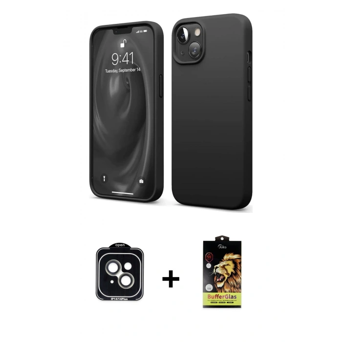 MARSİLYAN™- iPhone 14 Kılıf Kozmos Yansıma Özel Seri - Siyah Buffer Cam Ekran Koruyucu + PVD Metal Kamera Lens - YL
