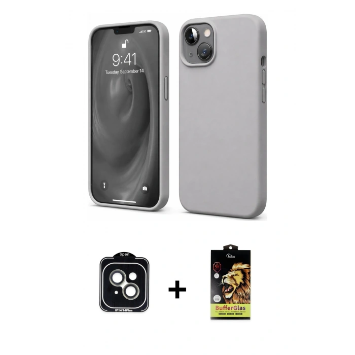 MARSİLYAN™- iPhone 14 Kılıf Kozmos Yansıma Özel Seri - Siyah Buffer Cam Ekran Koruyucu + PVD Metal Kamera Lens - YL
