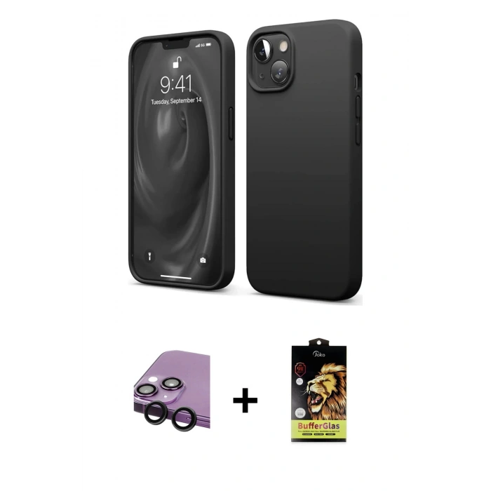 MARSİLYAN™- iPhone 14 Kılıf Kozmos Yansıma Özel Seri - Siyah Buffer Cam Ekran Koruyucu + Raze Metal Kamera Lens - SH