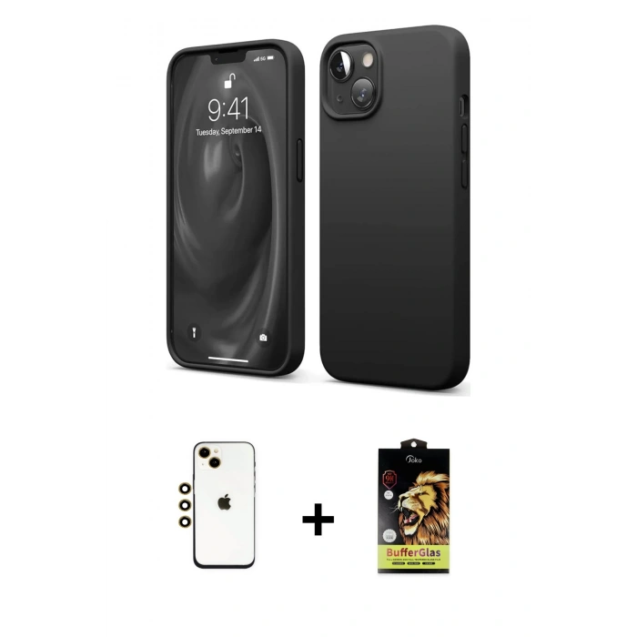 MARSİLYAN™- iPhone 14 Kılıf Kozmos Yansıma Özel Seri - Siyah Buffer Cam Ekran Koruyucu + Shine Kamera Lens - GD