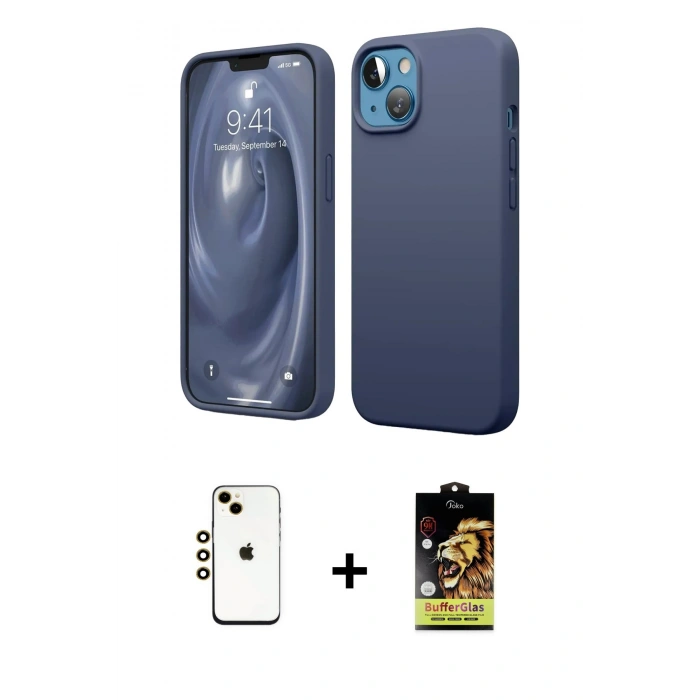 MARSİLYAN™- iPhone 14 Kılıf Kozmos Yansıma Özel Seri - Siyah Buffer Cam Ekran Koruyucu + Shine Kamera Lens - GD