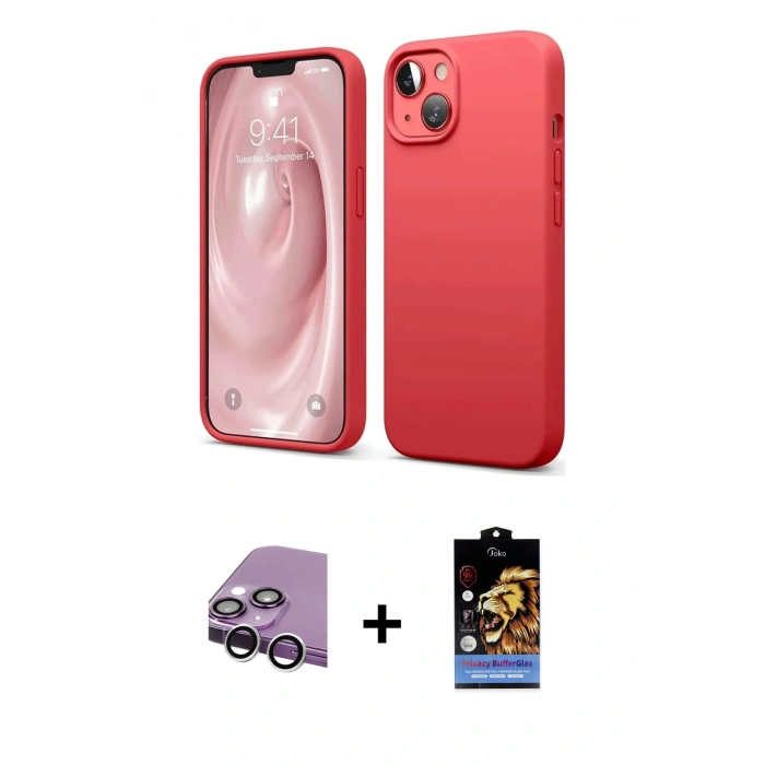 MARSİLYAN™- iPhone 14 Kılıf Kozmos Yansıma Özel Seri - Siyah Buffer Hayalet Cam Ekran Koruyucu + Gümüş Raze Metal Kamera Lens