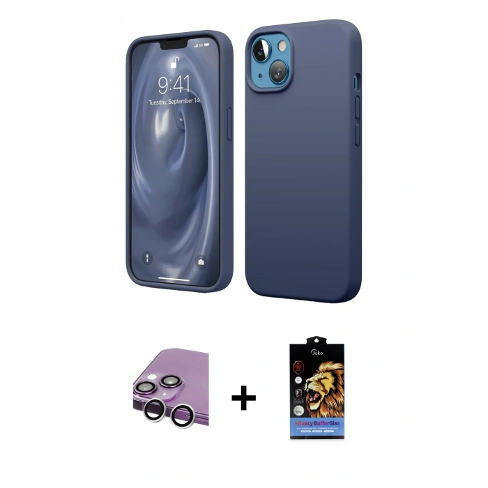 MARSİLYAN™- iPhone 14 Kılıf Kozmos Yansıma Özel Seri - Siyah Buffer Hayalet Cam Ekran Koruyucu + Gümüş Raze Metal Kamera Lens