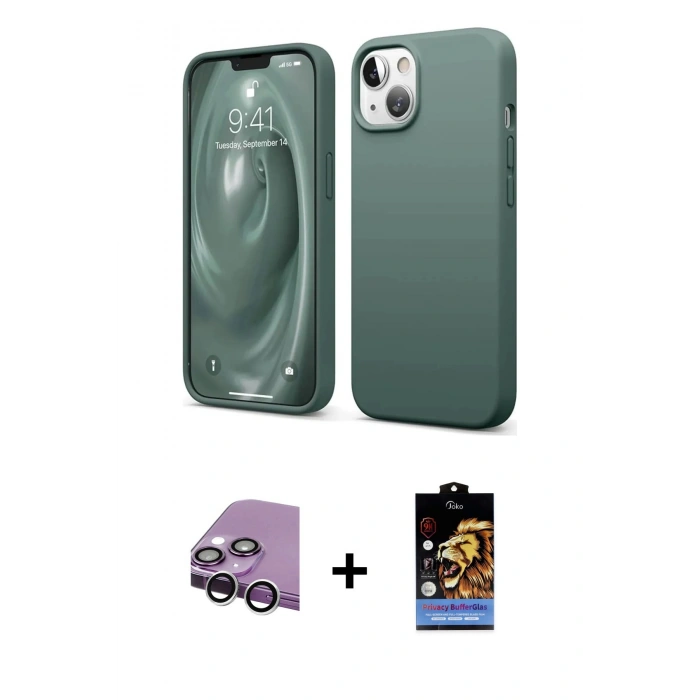 MARSİLYAN™- iPhone 14 Kılıf Kozmos Yansıma Özel Seri - Siyah Buffer Hayalet Cam Ekran Koruyucu + Gümüş Raze Metal Kamera Lens