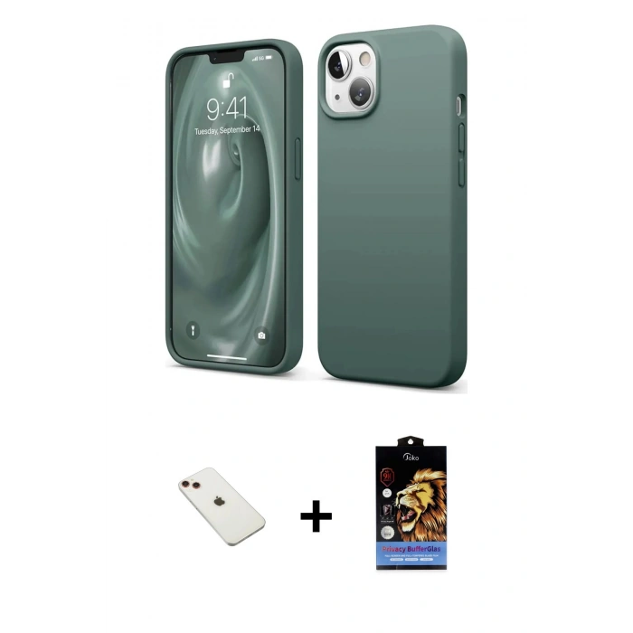 MARSİLYAN™- iPhone 14 Kılıf Kozmos Yansıma Özel Seri - Siyah Buffer Hayalet Cam Ekran Koruyucu + Kırmızı Diamond Kamera Lens