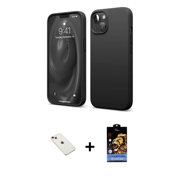MARSİLYAN™- iPhone 14 Kılıf Kozmos Yansıma Özel Seri - Siyah Buffer Hayalet Cam Ekran Koruyucu + Kırmızı Diamond Kamera Lens