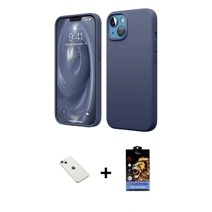 MARSİLYAN™- iPhone 14 Kılıf Kozmos Yansıma Özel Seri - Siyah Buffer Hayalet Cam Ekran Koruyucu + Kırmızı Diamond Kamera Lens